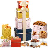 Broadway Basketeers front view of stacked gift tower showing elegant packaging and ready-to-gift presentation