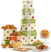 Broadway Basketeers front view of snack tower showing attractive gift presentation and easy gifting