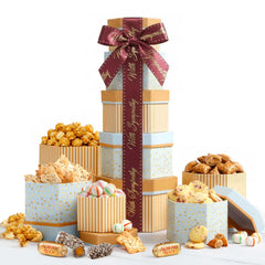 Broadway Basketeers front view of five-box sympathy tower, elegant ready-to-gift presentation