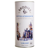 Brodies canister front showing branding and 50 tea bags, clear storage benefit