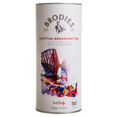 Brodies front canister showing brand and 50 tea bags, clear storage benefit