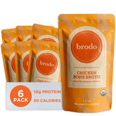 Brodo front packaging showing single-serve pouches and clean ingredient branding benefits convenience