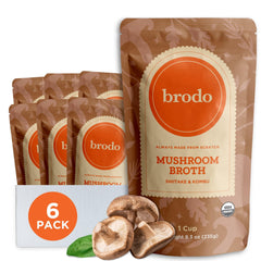 Brodo front packaging showing six organic mushroom broth pouches for convenience and flavor