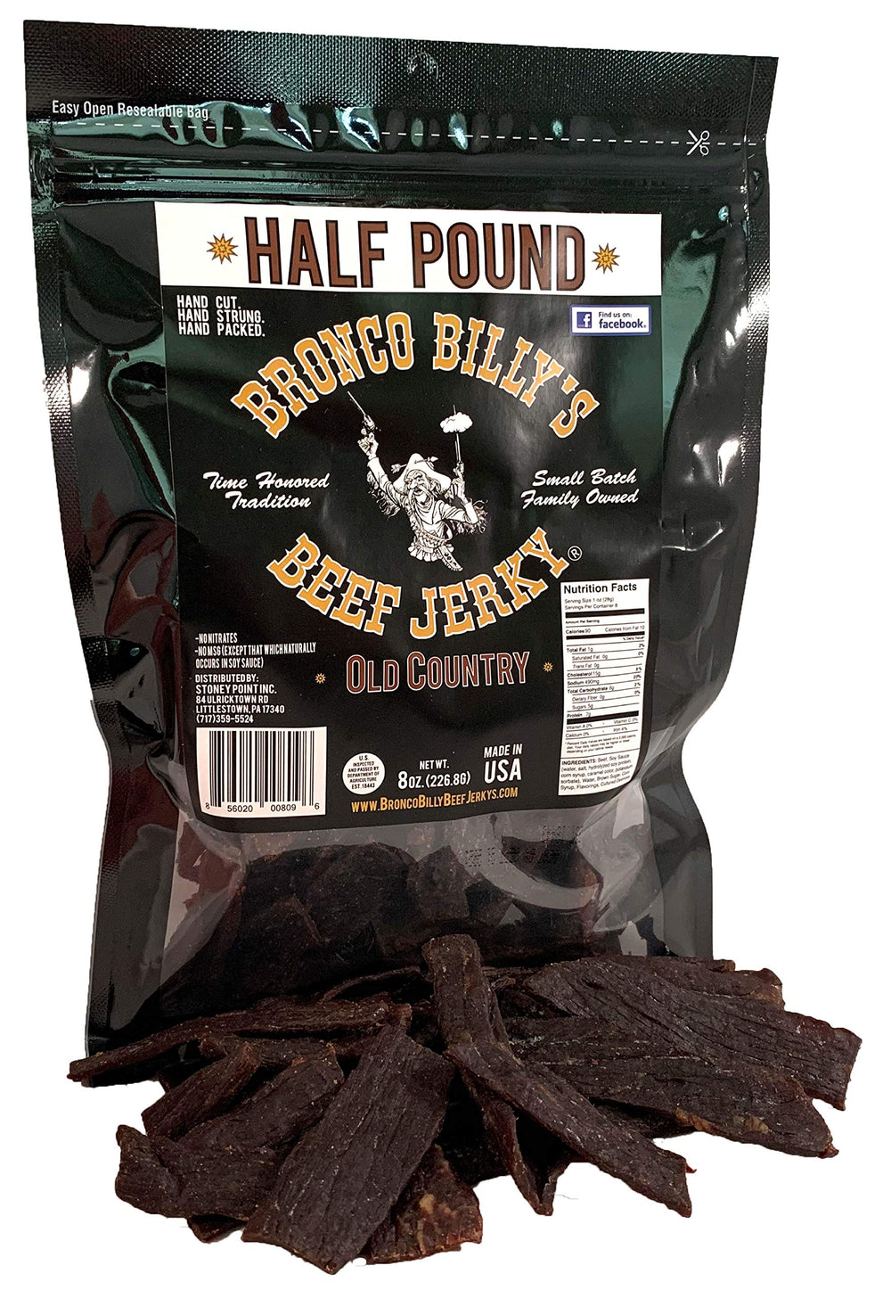 Bronco Billy's front packaging showing half-pound resealable bag and label benefits