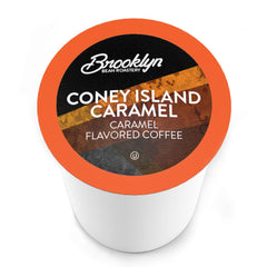 Brooklyn Beans close-up of a caramel coffee pod highlighting foil seal freshness