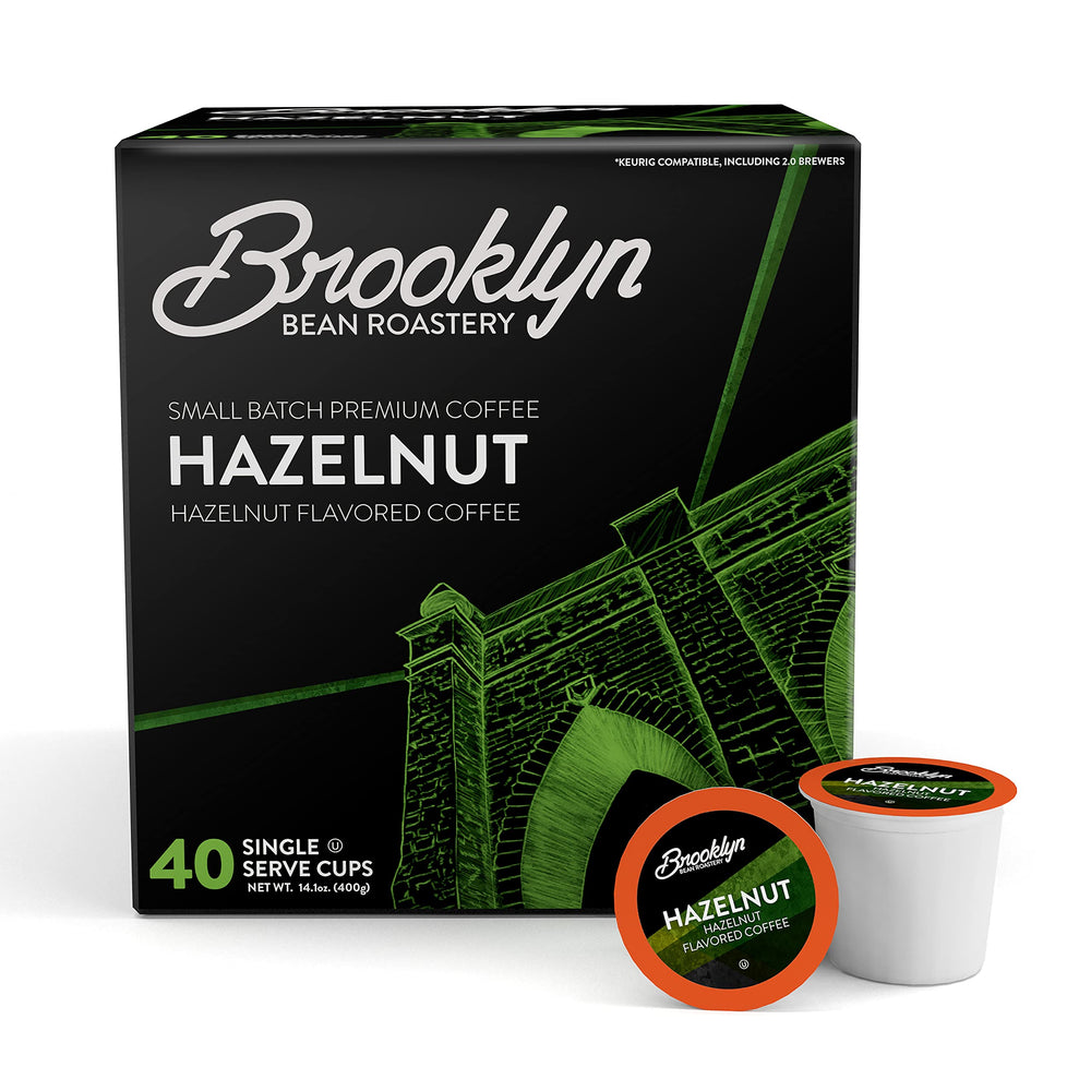 Brooklyn Beans front packaging showing 40-count and hazelnut flavor benefits