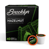 Brooklyn Beans front packaging showing 40-count and hazelnut flavor benefits