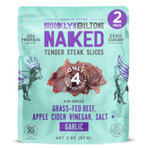 Brooklyn Biltong front packaging showing two 2 oz garlic steak pouches and clear branding