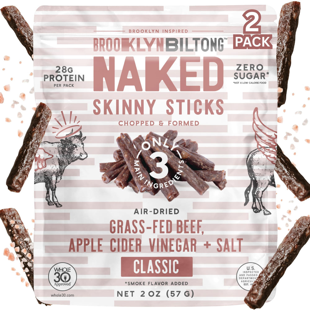 Brooklyn Biltong front packaging showing two 2 oz sticks and nutritional clarity