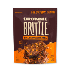 Brownie Brittle front packaging showing salted caramel flavor and resealable bag benefit