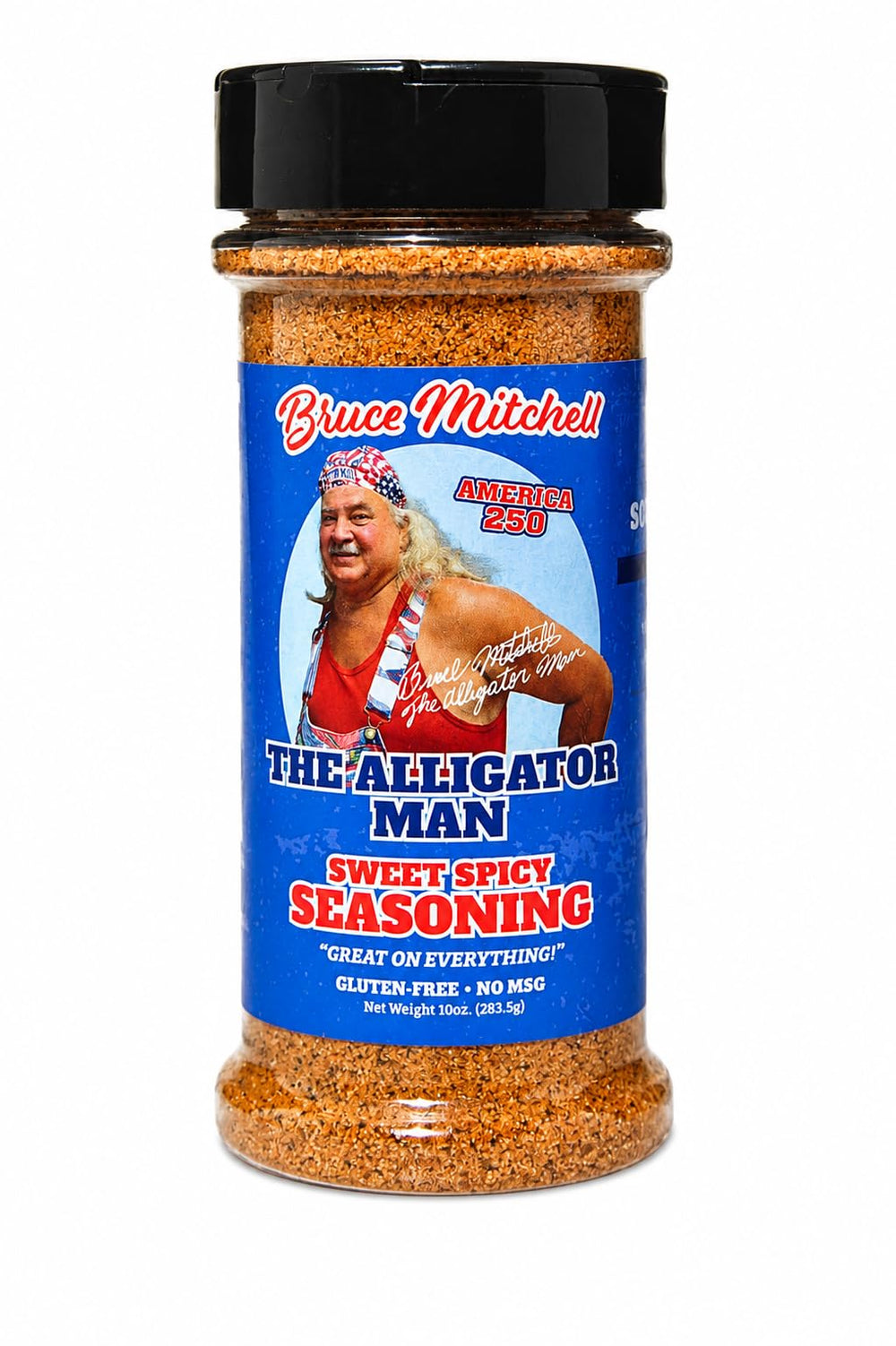 Bruce Mitchell bottle front label showing Cajun sweet-spicy seasoning for versatile cooking