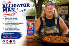 Bruce Mitchell seasoning pouring from bottle onto meat to create bold grilled flavor