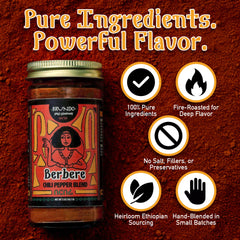 Brundo Market berbere label detail showing origin and all-natural ingredient benefits