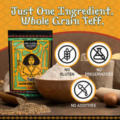 measuring spoon and scale with Brundo Market teff flour showing precise portion control