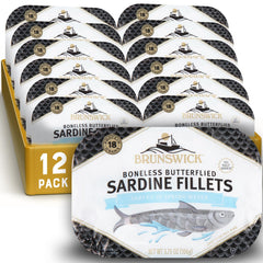 Brunswick front can of sardines in spring water showing label and can design, convenient pantry protein