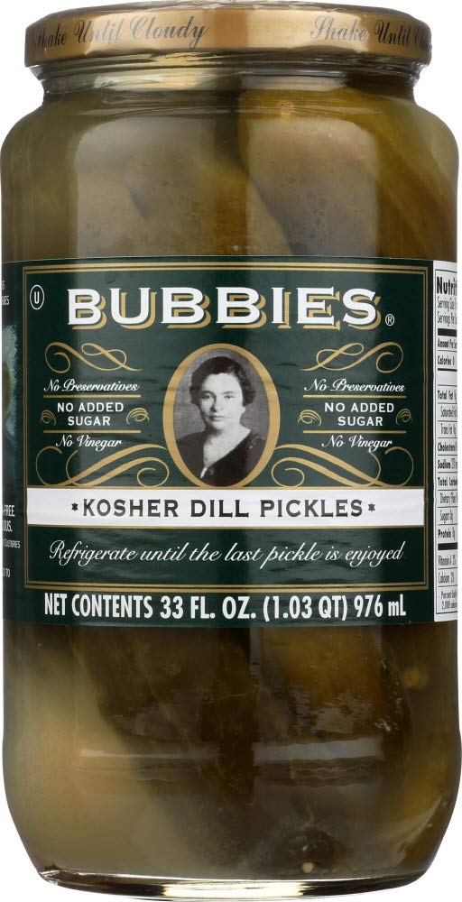 Bubbies front packaging showing jar and label with bold kosher dill appeal