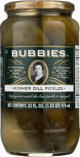 Bubbies front packaging showing jar and label with bold kosher dill appeal