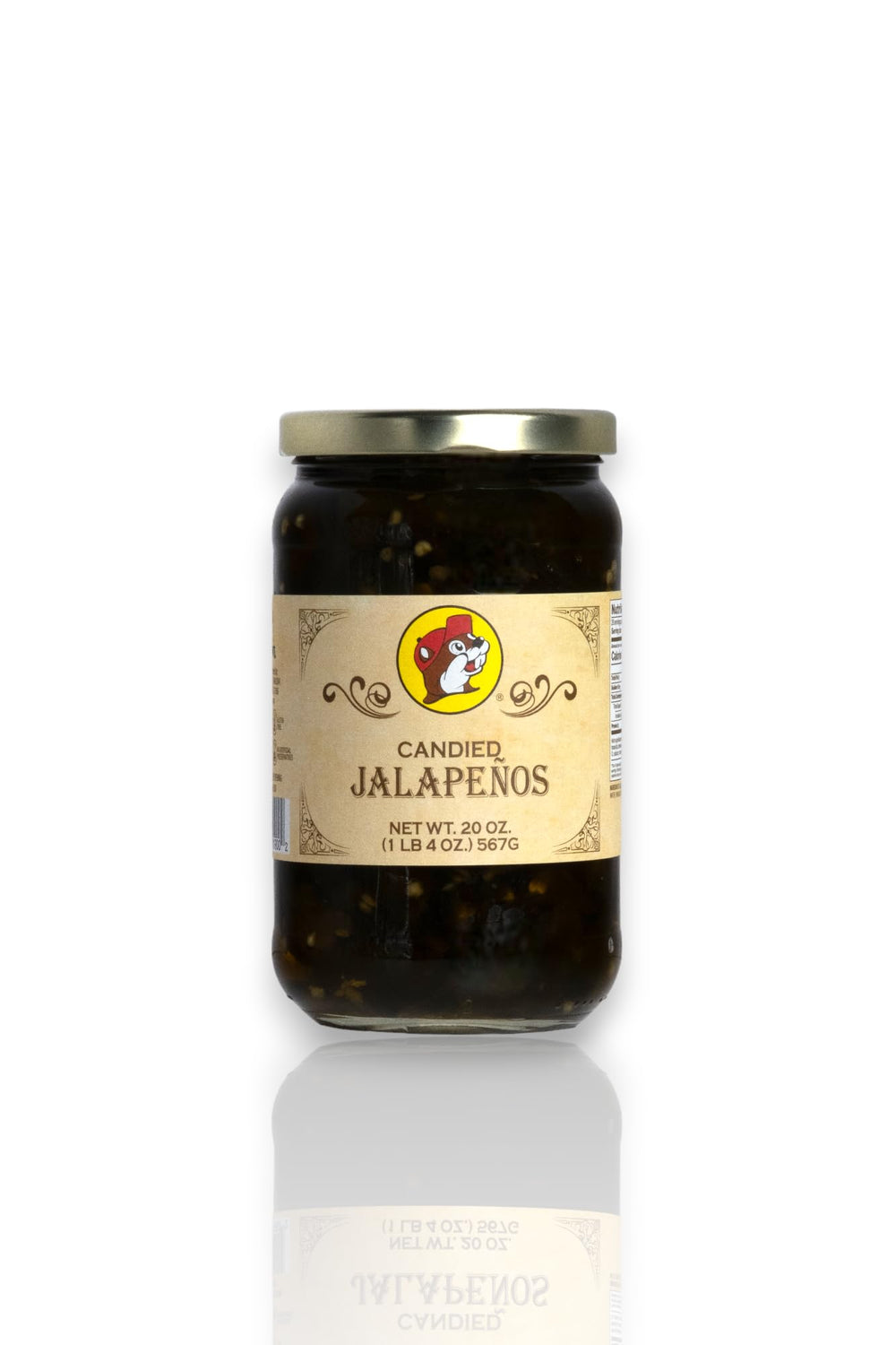 Buc-ee's jar front view showing label and resealable lid, useful for pantry storage