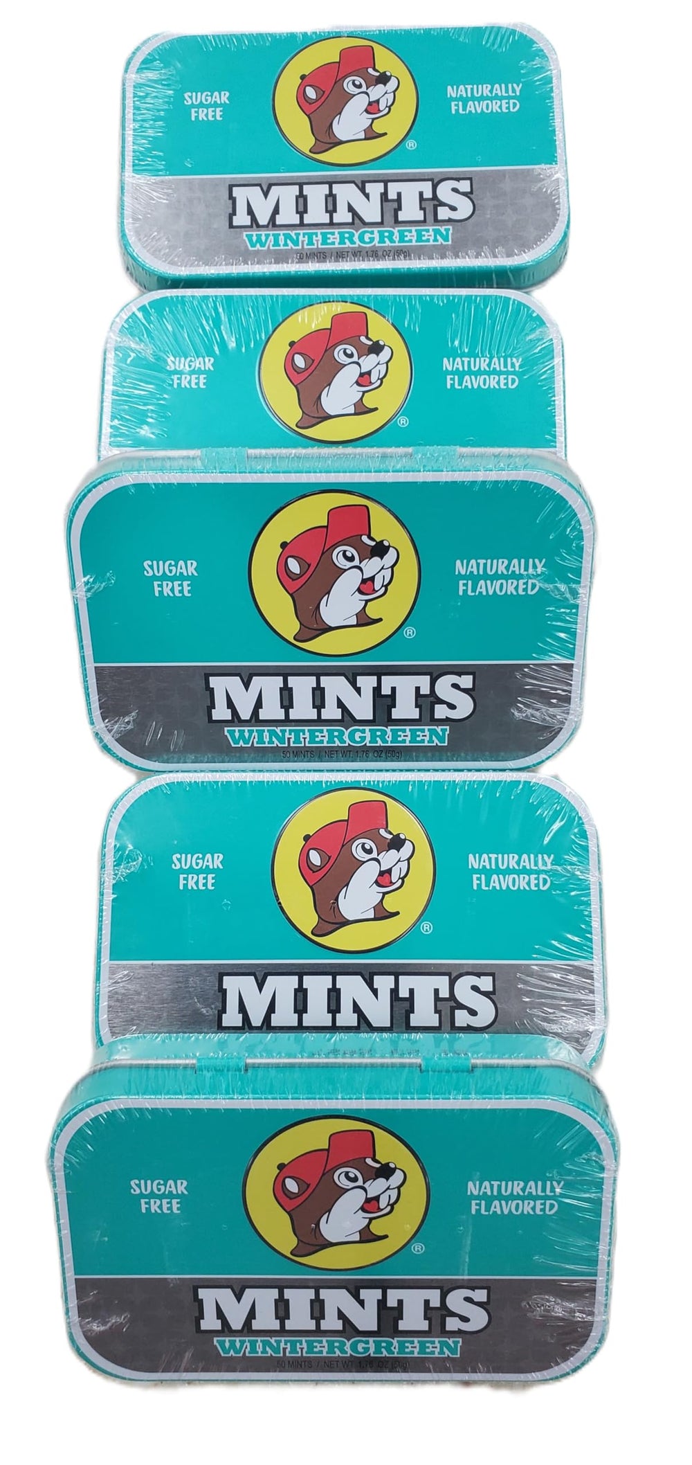 Buc-ee's wintergreen tin front view showing logo and compact design for easy carrying