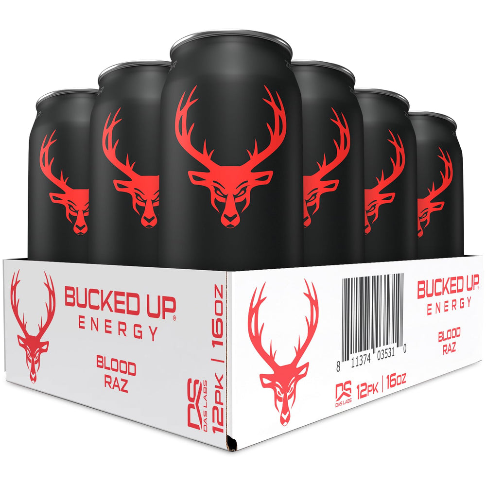 Bucked Up front packaging showing Blood Raz can and bold branding for quick identification