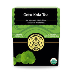 Buddha Teas gotu kola front packaging showing organic label and benefits