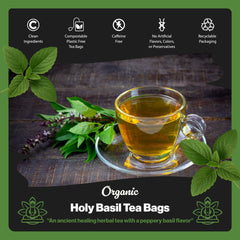 Buddha Teas brewed cup of Holy Basil tea illustrating warm aroma benefit relaxation