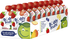 Buddy Fruits front packaging showing strawberry applesauce pouches for easy snacking
