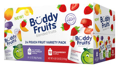 Buddy Fruits front packaging showing 24-pouch variety pack and family-friendly convenience