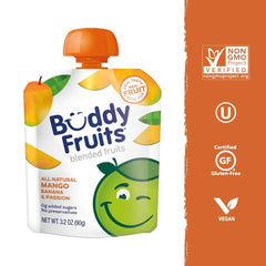 Closeup of Buddy Fruits mango applesauce texture showing real fruit puree