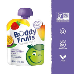 Buddy Fruits pouch next to a soda can to show 3.2oz portion size and easy grab-and-go benefit