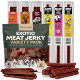 Jerky-n-Spice Buffalo Bob's front packaging showing six exotic sticks and brand logo