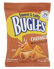 Bugles front packaging showing caramel-coated cones and portion convenience
