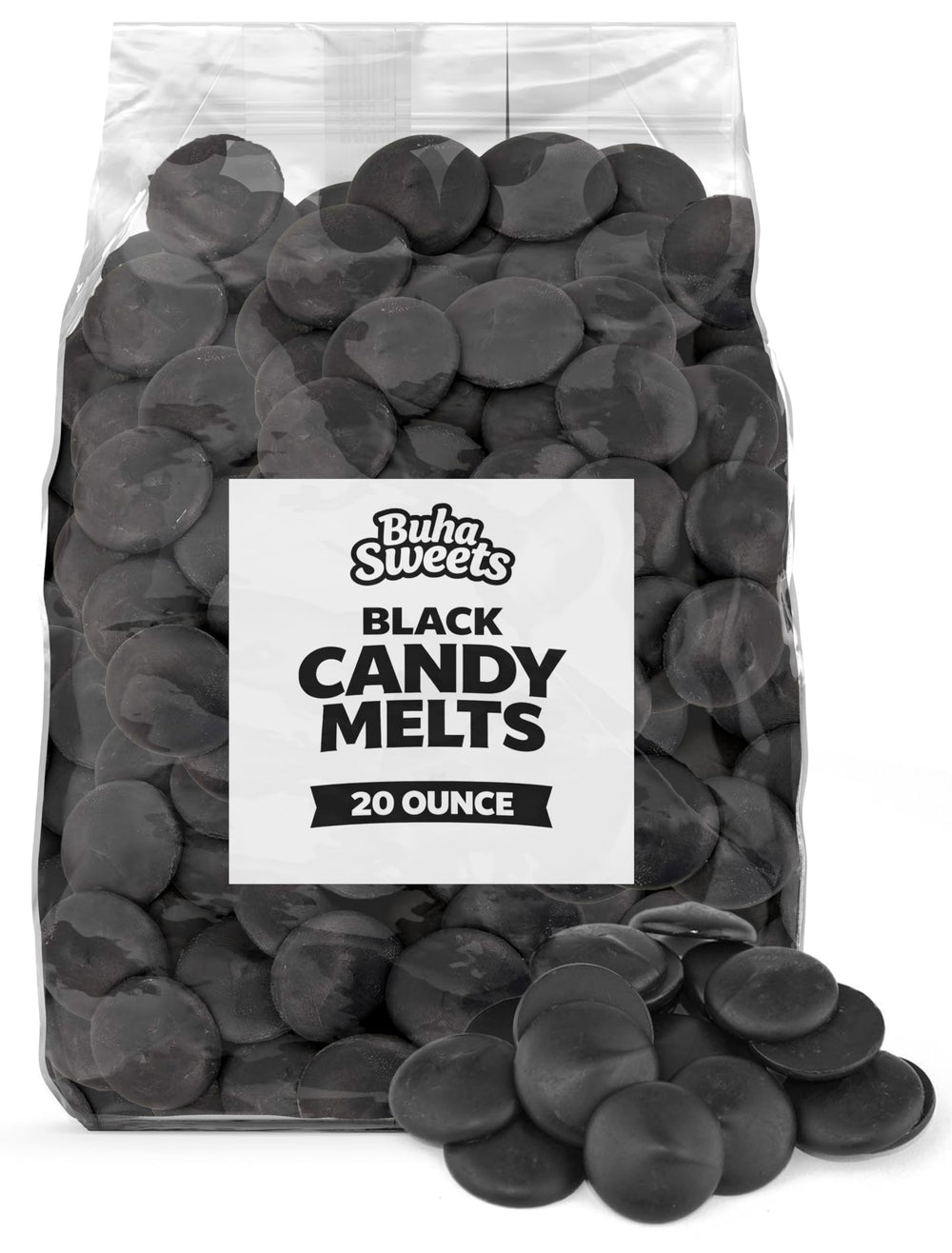 Buha Sweets front packaging showing black candy melts and easy-use benefit