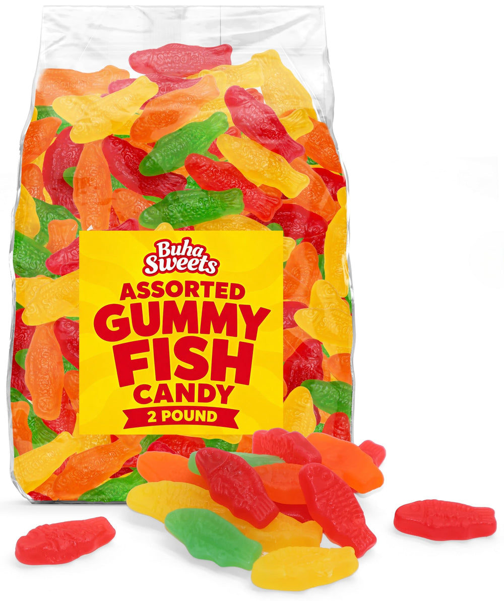 Buha Sweets front packaging showing colorful gummy fish, great for parties
