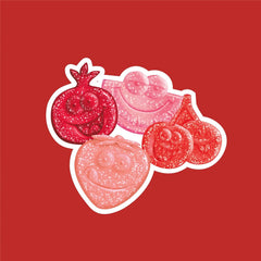 Buha Sweets fruit-shaped gummies with smiling faces showing playful visual appeal