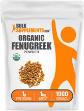 BulkSupplements front packaging of organic fenugreek powder showing size and convenience
