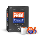Bulletproof packaging front view showing French Kick pods and bold branding benefit: clarity
