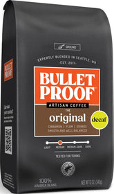 Bulletproof bag front packaging showing Original Medium Roast Decaf and benefits