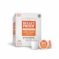 Bulletproof front packaging of 24-count pods showing product and convenience benefit