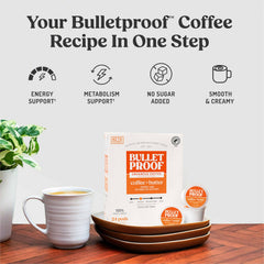 Bulletproof pod beside medium-roast grounds illustrating quality Arabica beans