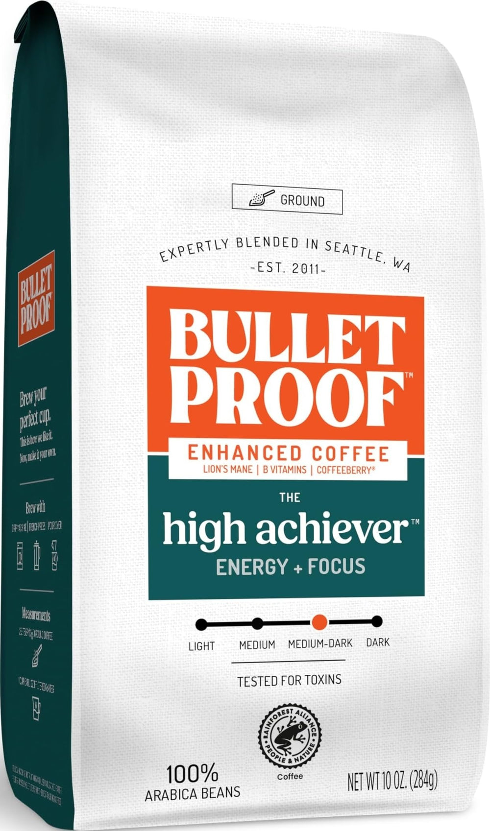 Bulletproof front packaging showing 10oz bag and product name, clear ingredient view and appeal