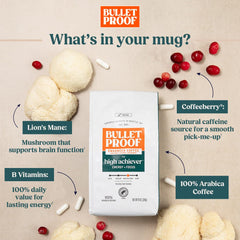 Bulletproof label details highlighting Lion's Mane, B vitamins and sourcing benefits