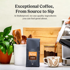 Bulletproof ground coffee texture arranged on spoon showing consistent grind for brewing