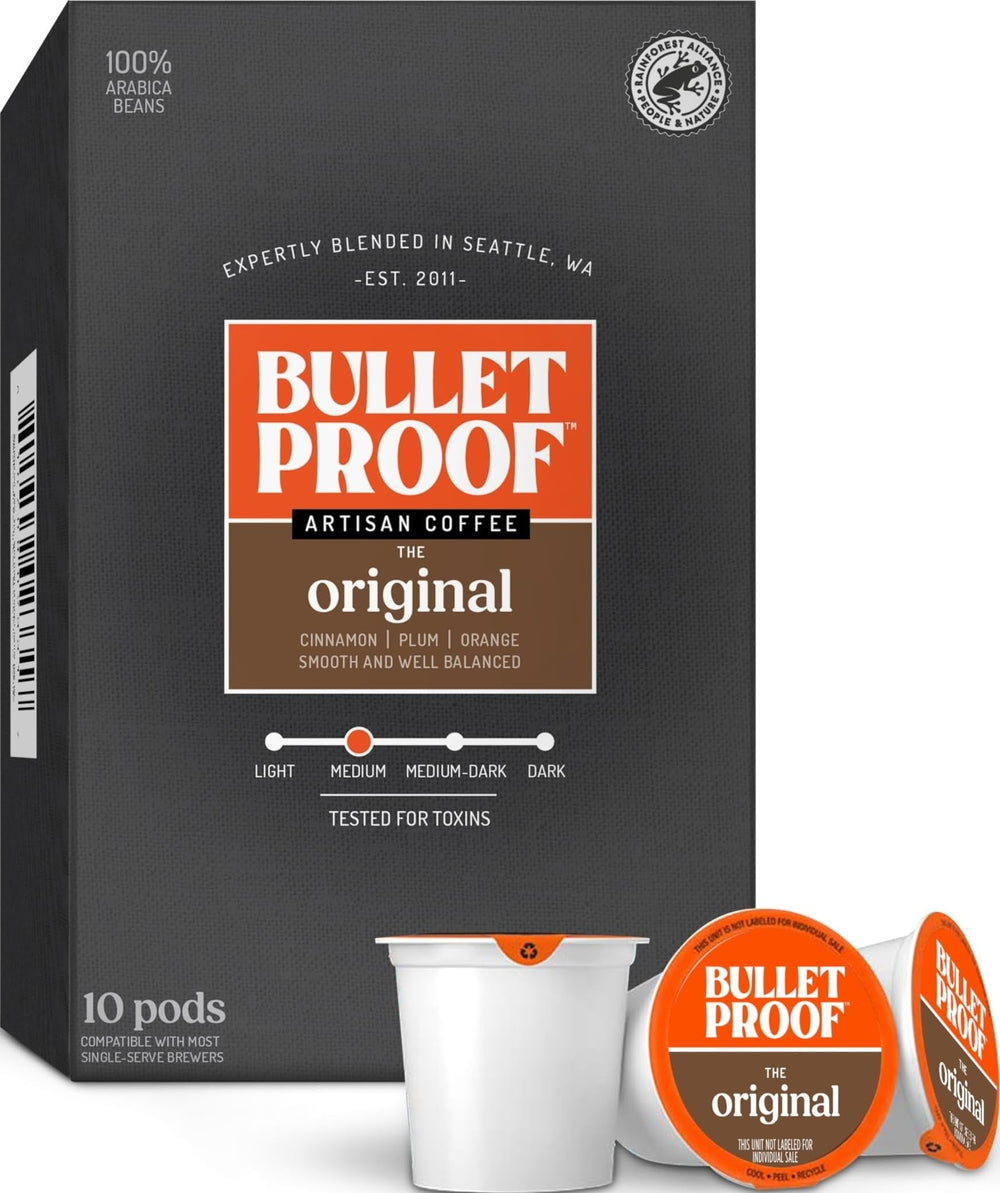 Bulletproof front packaging showing 10 pods and premium branding benefits convenience