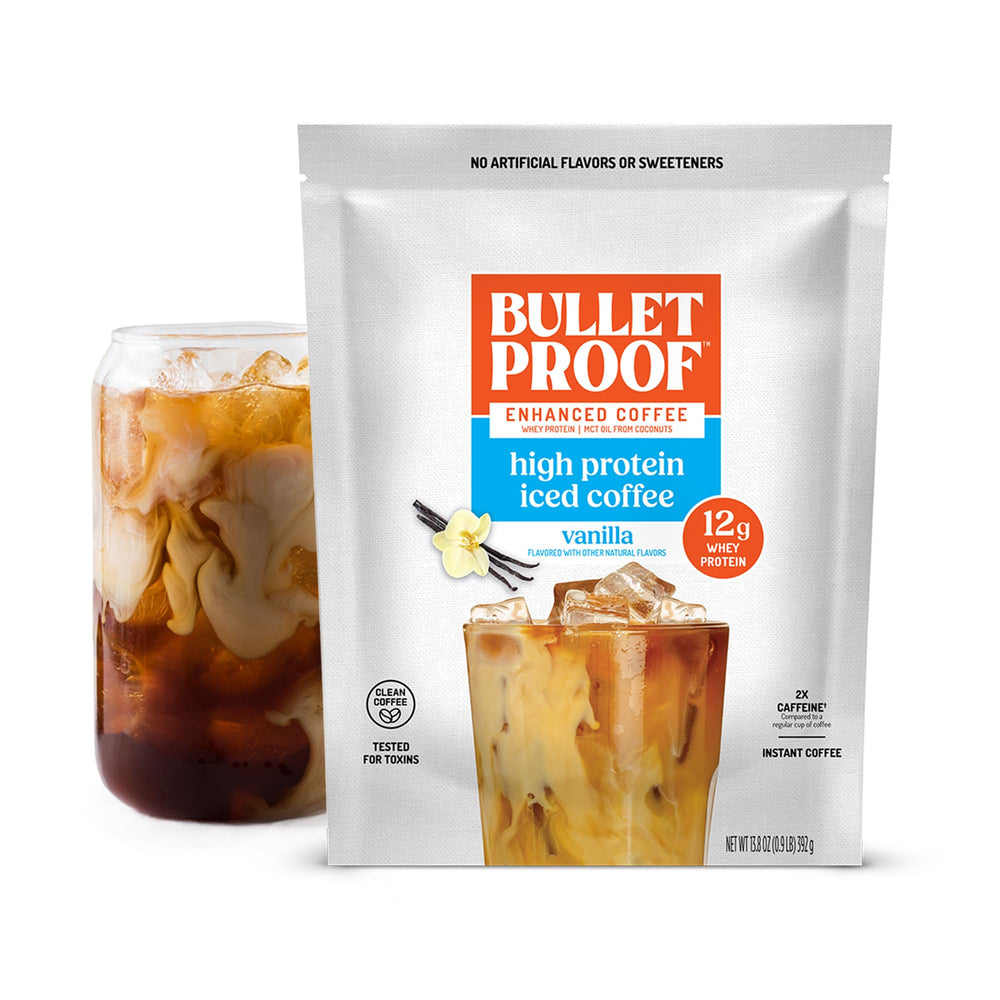 Bulletproof vanilla front packaging showing bag and servings benefit convenience
