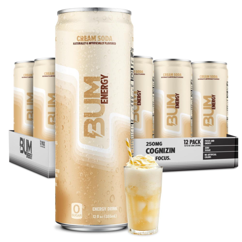 BUM cream soda front packaging showing can and 12-pack, highlights clean energy