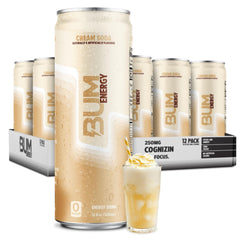 BUM cream soda front packaging showing can and 12-pack, highlights clean energy