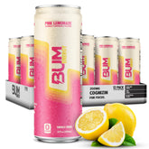 Bum Energy pink lemonade front packaging showing can design and benefit of clean energy