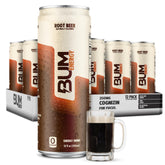 BUM Energy root beer front packaging showing clean label and zero sugar benefit