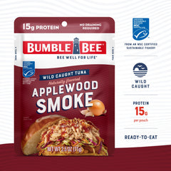 Bumble Bee open pouch with tuna visible, ready-to-eat for instant portable protein
